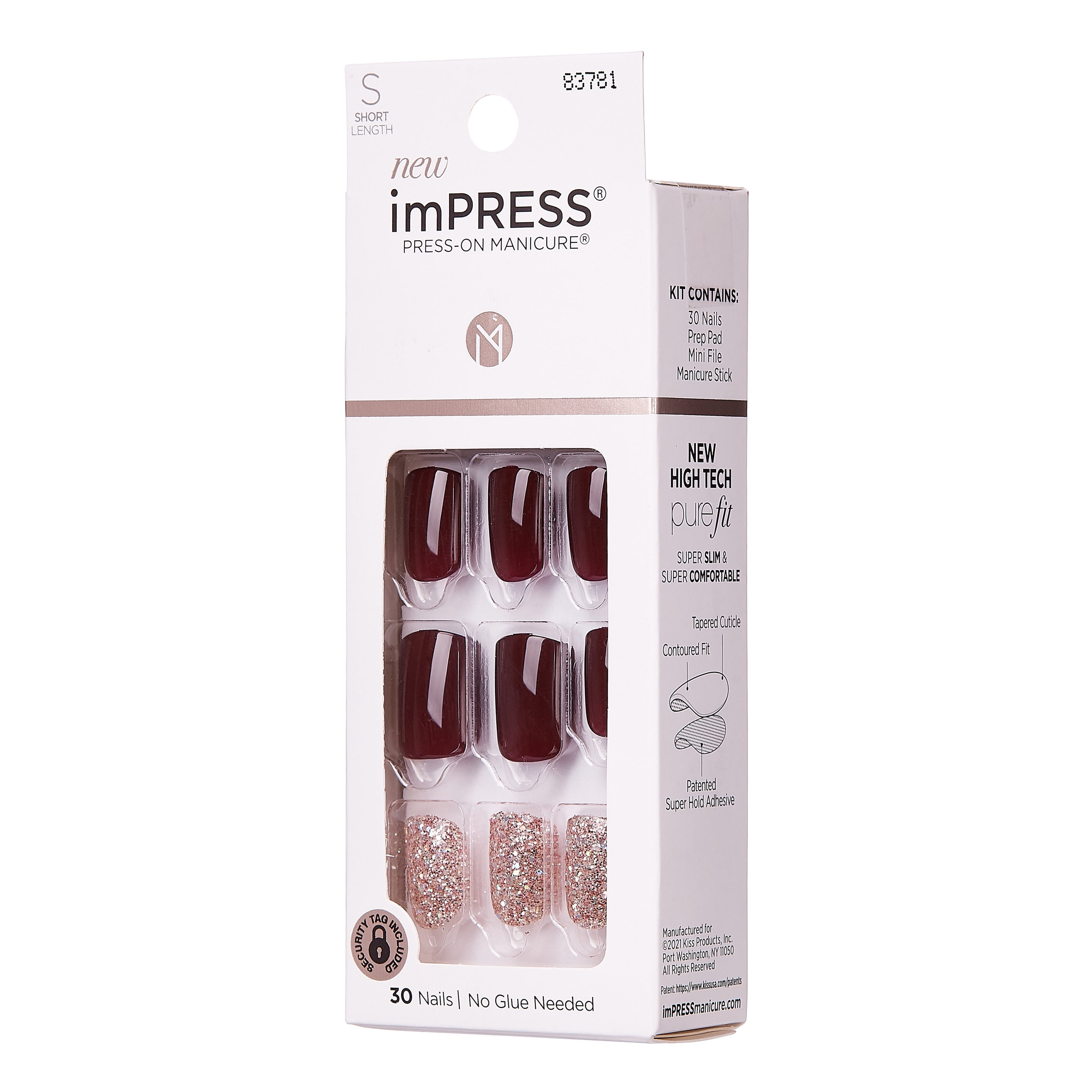 Impress Design Press On Nails , No Glue, Red, Short Length, Squoval Shape, 33 Pieces