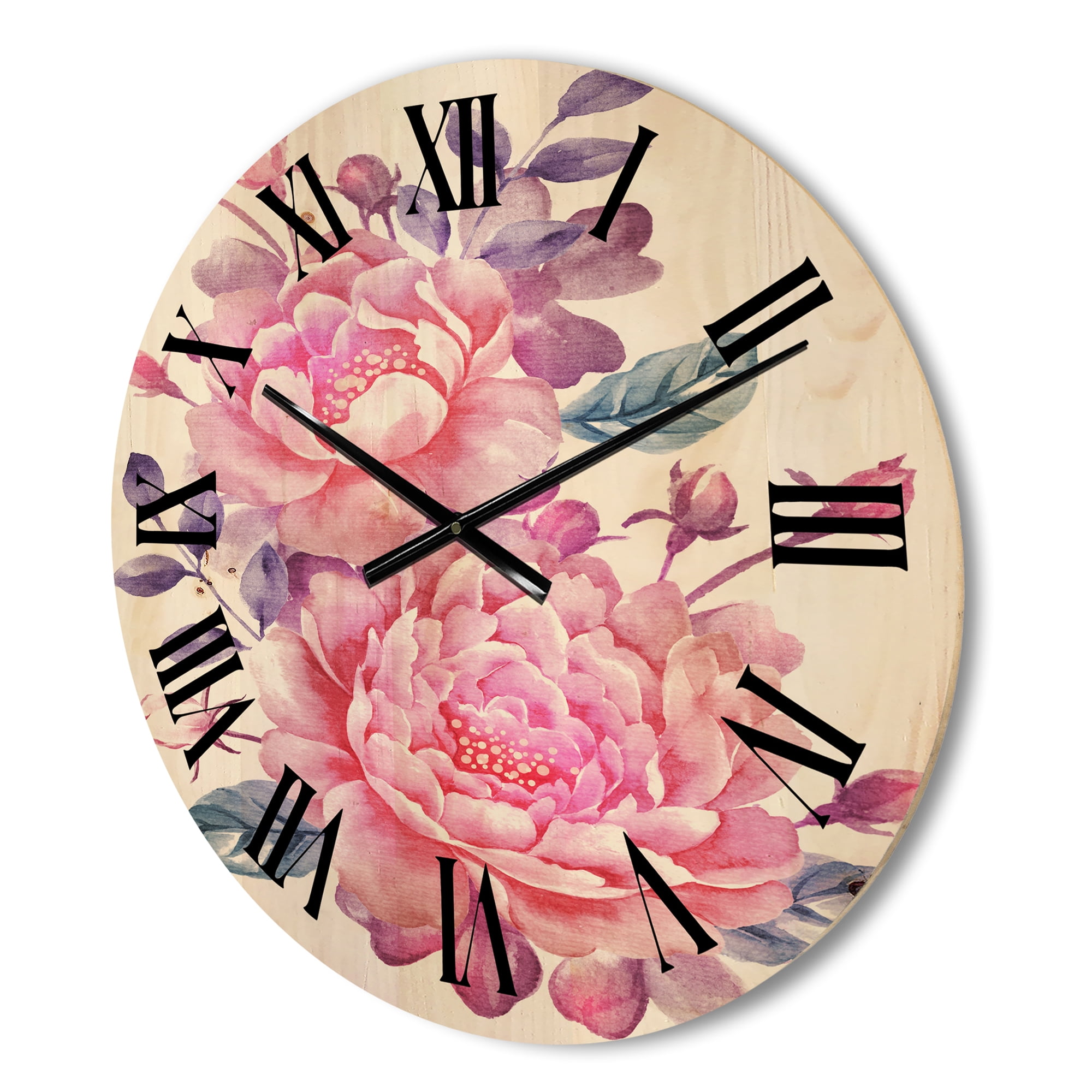 Designart 'Pink Retro Flowers With Blue Leaves On White' Traditional Wood Wall Clock