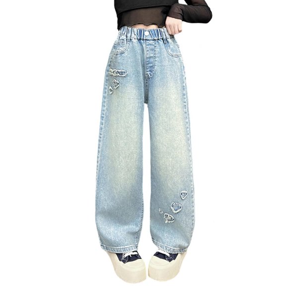 RUTAYY Toddler Girls Fashion Cute Personality Pants Elastic Waist Wide Leg Jeans Casual Demin Pants With Pockets Trouser Cute Pants