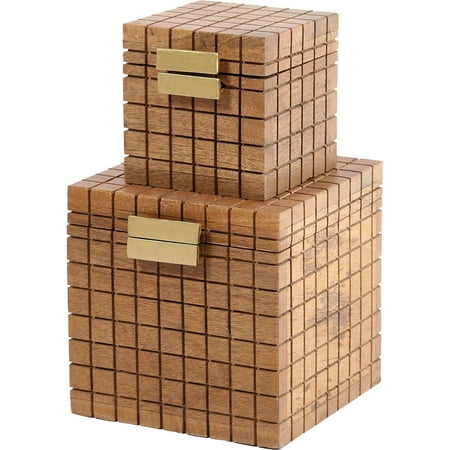 UPC: 0195583813489 | Signature Home Collection Set of 2 Natural Brown Grid Mango Wood Boxes 9.5