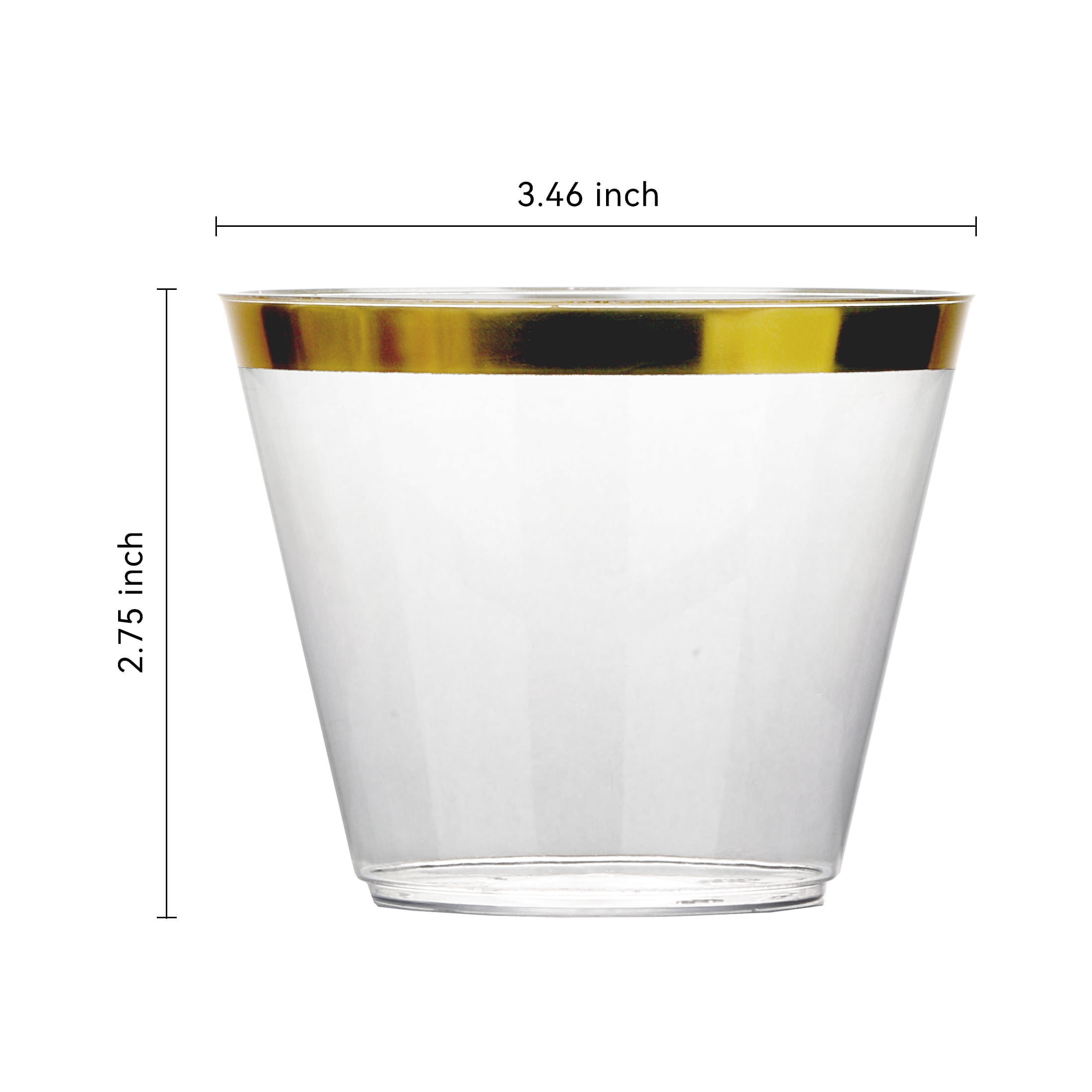 Family Essentials 9 Fl oz Gold Rim Clear Plastic Cups, 25 Count Disposable Cups for Coffee, Cocktails & Cold Drinks, BPA-Free Party Cups for Weddings & Everyday Use