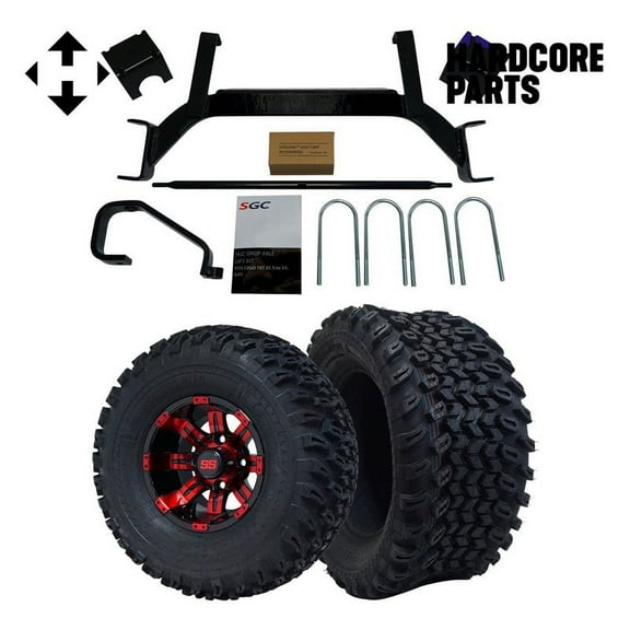 Hardcore Parts 6" Drop Axle Lift Kit for EZGO TXT/PDS (2001.5-2008) Gas Golf Cart with 10" Red/Black 'TEMPEST' Wheels and 22"x11"-10" DOT rated All-Terrain tires