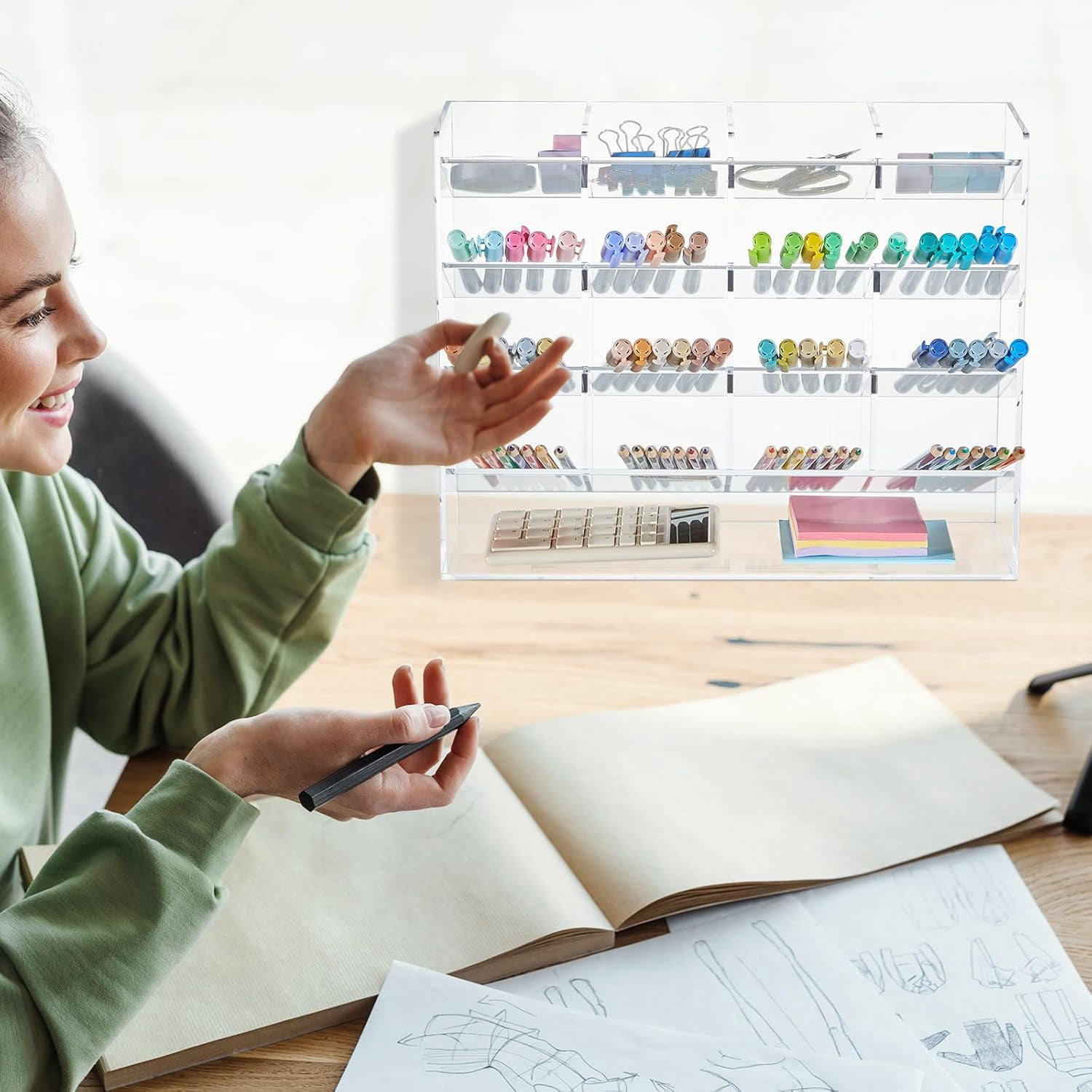 White Vertical Acrylic Pen Organizer, Large Capacity Desktop Marker Holder, Holds 250 Pencils Markers Stationery Storage, 13 x 4 x 12.4 Inch Desk Display Rack for Office Home