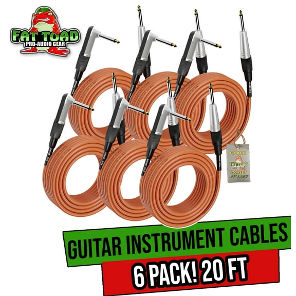Fat Toad Guitar Cords (6 Pack) Right Angle Instrument Cables - 20 FT 1/4 Inch Straight-End Wires for Electric Guitar, Bass, Keyboards and Music Sound Recording Studio - Shielded 20 AWG Patch Conductor