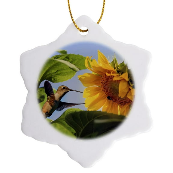 3drose, a Ruby-throated Hummingbird and Carpenter Bee Enjoying a Sunflower., 3 inch Snowflake Porcelain Ornament