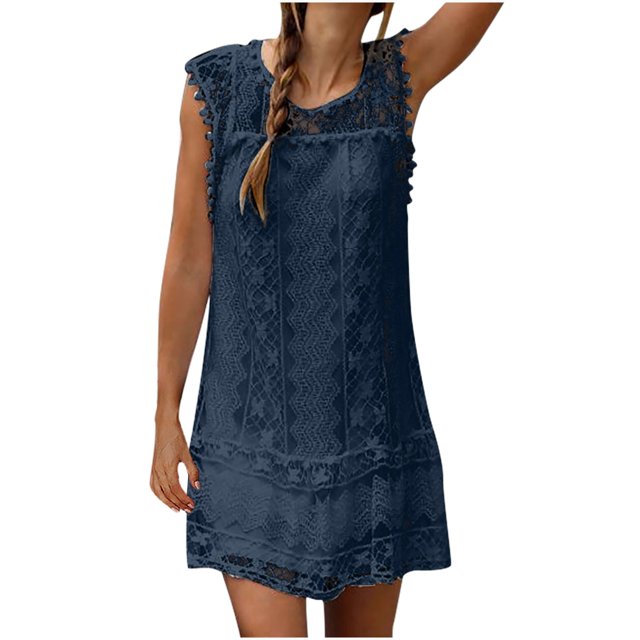 Vestido de baile de color sólido sin mangas de encaje de moda informal de verano ajustado para mujer Pompotops ghjkhdj4529