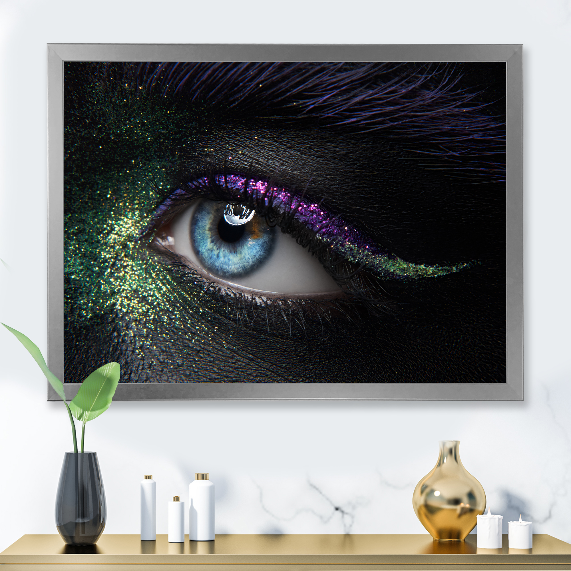 Designart 'Woman Eyes With Green & Purple Pigment & Sparkles' Modern Framed Art Print