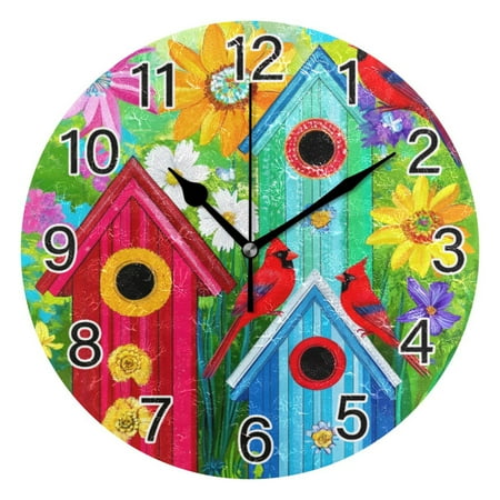 Ryvnso Flowers Birdhouses Cardinals Wall Clock Non Ticking Silent Kitchen Clock Battery Operated Clocks 10 inch