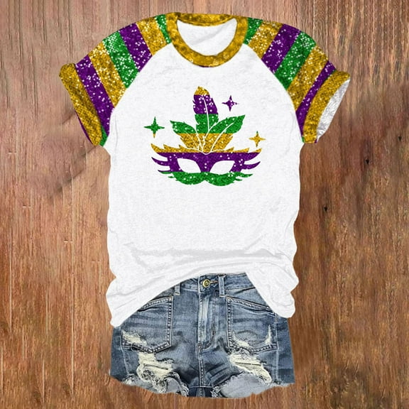 BOOMILK Mardi Gras Shirts for Women Plus Size Letter Print Graphic Tees Crew Neck Short Sleeve Summer Top