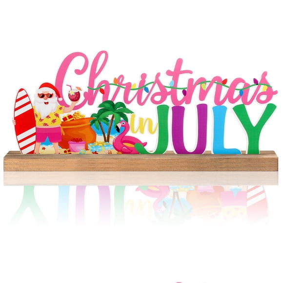 Cartel de metal MiniInflat Christmas in July con base de madera