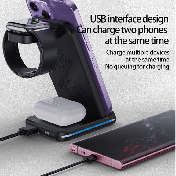 Wireless Charger for MagSafe, 5-in-1 Portable Travel Charging Station with Night Light, USB Connectivity, and 15W Fast Foldable Magnetic Stand, for Apple Series.