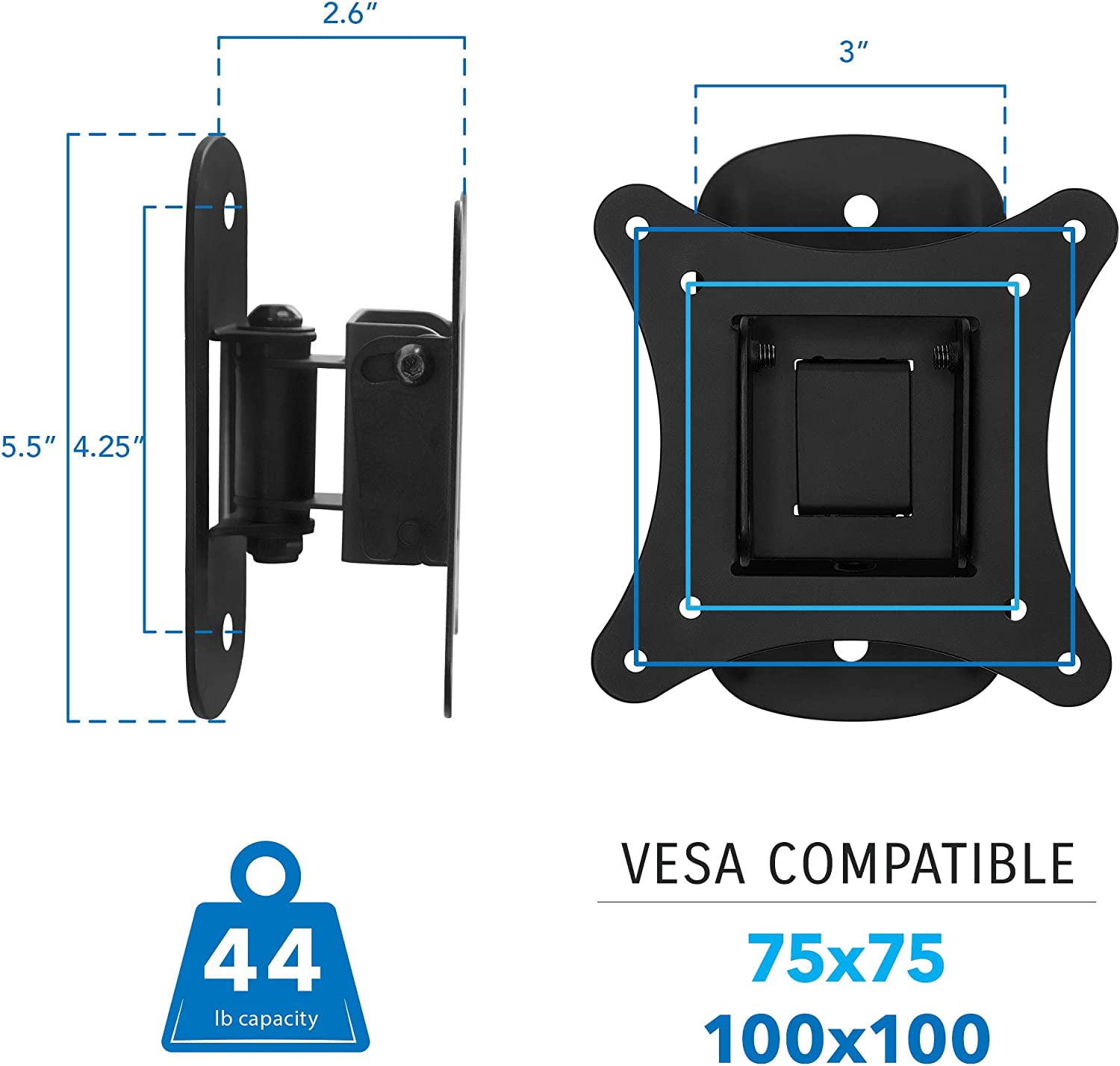 Small TV Wall Mount for 19–32 Inch Flat Screen TVs | Tilt and Swivel TV Wall Mount | Low Profile 2.4” Design | 75x75 100x100 | Single Stud Installation | 44 lb Capacity