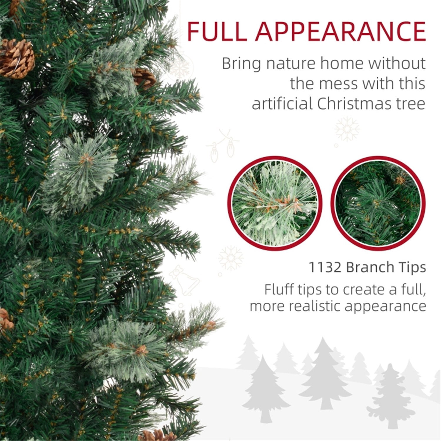 Astoutdoor 9.5 ft Pencil Christmas Tree with Pine Cones, Green, 1132 Tips, Indoor Use