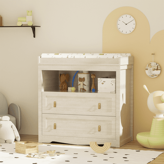 Modern Changing Table Dresser, Baby Dressing Table with 2 Drawers, 1 Open Storage Racks