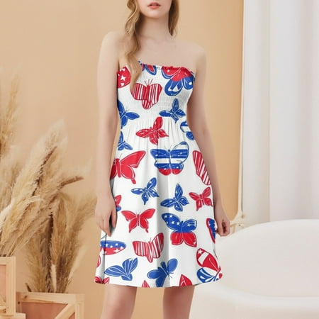 CHCNHAC Tube Dresses for Women Independence Day Patriotic Dresses Red White and Blue Print Casual Flowy Swing Strapless Vacation Dress Dark Blue M