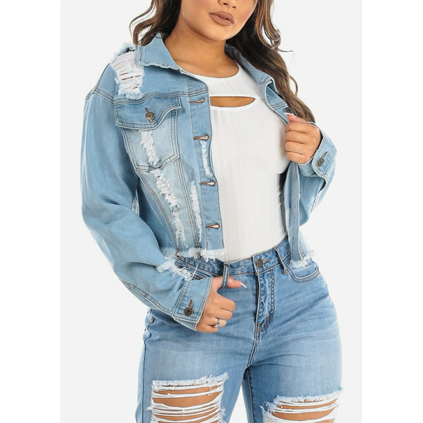 Modaxpressonline Womens Ripped Denim Jacket Long Sleeve Button Up Light Wash Jean Jacket f Walmart Com Walmart Com