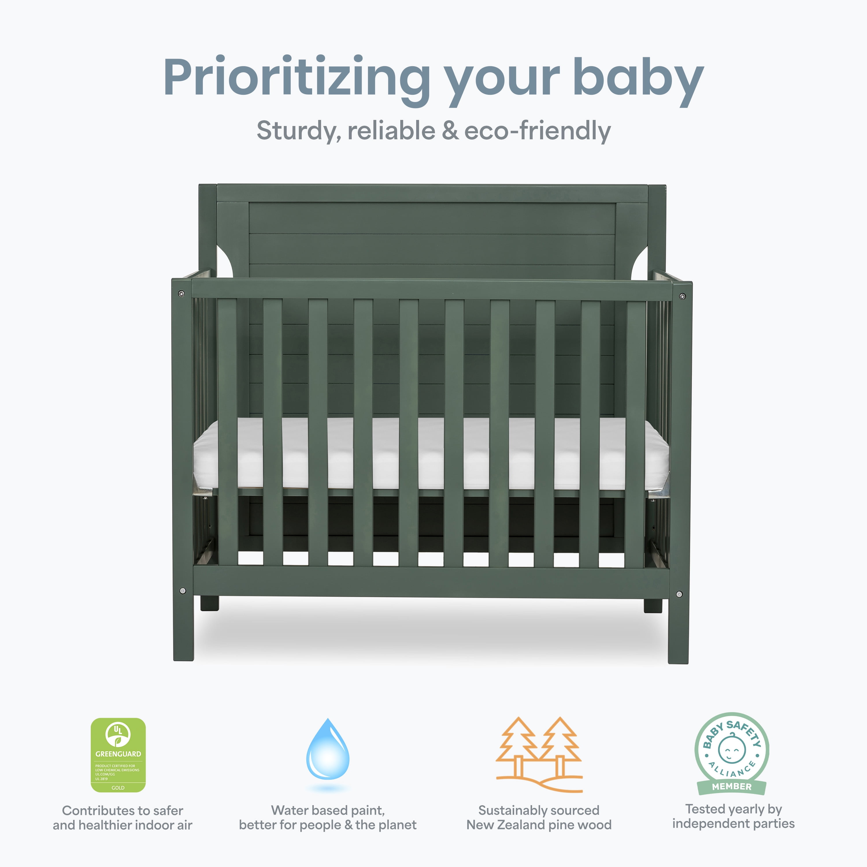 Dream On Me Bellport 4 in 1 Convertible Mini Crib In Green