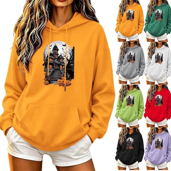 PNTUTB Fall Winter Women's Halloween Hoodie Sweatshirt Long Sleeve Drawstring Pullover Cute Print Casual Comfort Fashion Trendy Top with Pocket