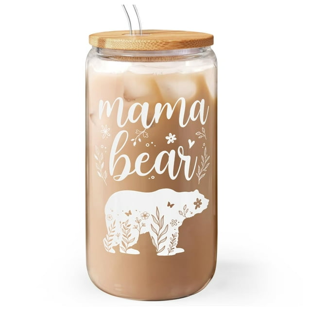 Vaso de cristal SANDJEST Mama Bear con tapa de bambú, 473 ml, pajita