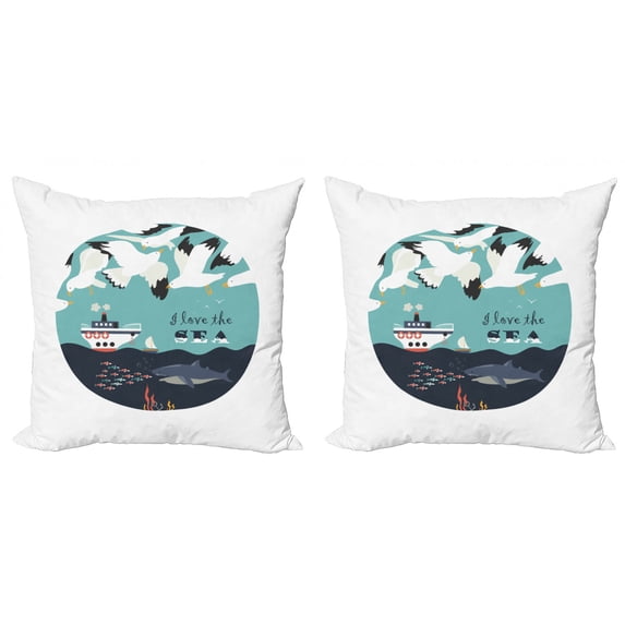 Ambesonne Cartoon Throw Pillow Cover 2 Pack, I Love the Sea Words, 24", Multicolor