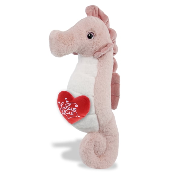 DolliBu I Love You Plush Super Soft Rose Seahorse - Cute Stuffed Animal Seahorse with Red Heart Plush for Valentines, Anniversary, Romantic Date, Boyfriend, or Girlfriend Gift - 12 Inches