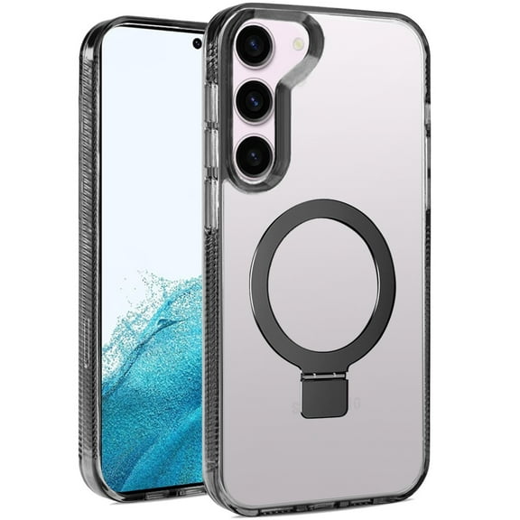 Designed for Samsung Galaxy S22 5G Transparent Magnetic Ring Circle Stand with MagSafe Compatible Hybrid Dotted Edged Hard PC Shockproof Phone Case Cover - Black