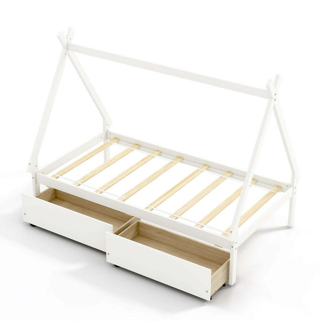 Costway Lit Cabane en Bois Format Simple avec 2 Tiroirs Rangement sous Toit pour Garçons et Filles Blanc