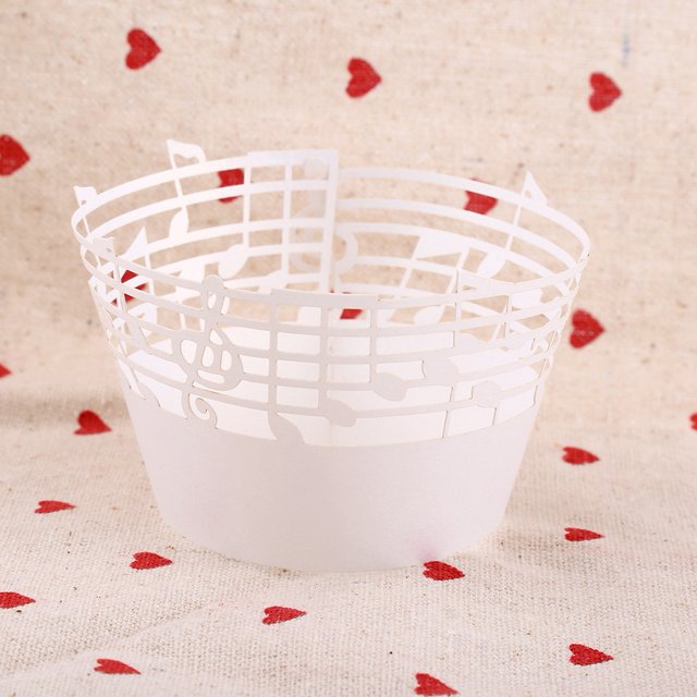 50 Uds. Envoltorio de papel para cupcakes notas musicales ahuecadas decoración de fiesta de cumpleaños de boda blanco