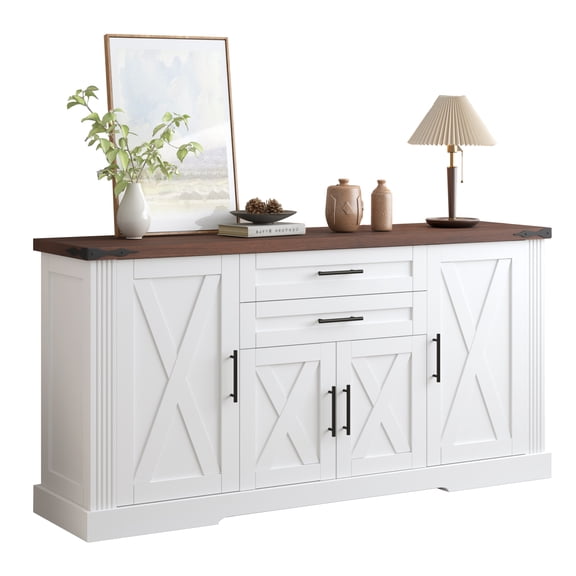 64'' Farmhouse Sideboard Storage Cabinet with 4 Doors,Kitchen Storage Buffet with Drawers,Coffee Bar Cabinet Adjustable Shelves and Door Rack for Dining Room,Entryway,Living Room