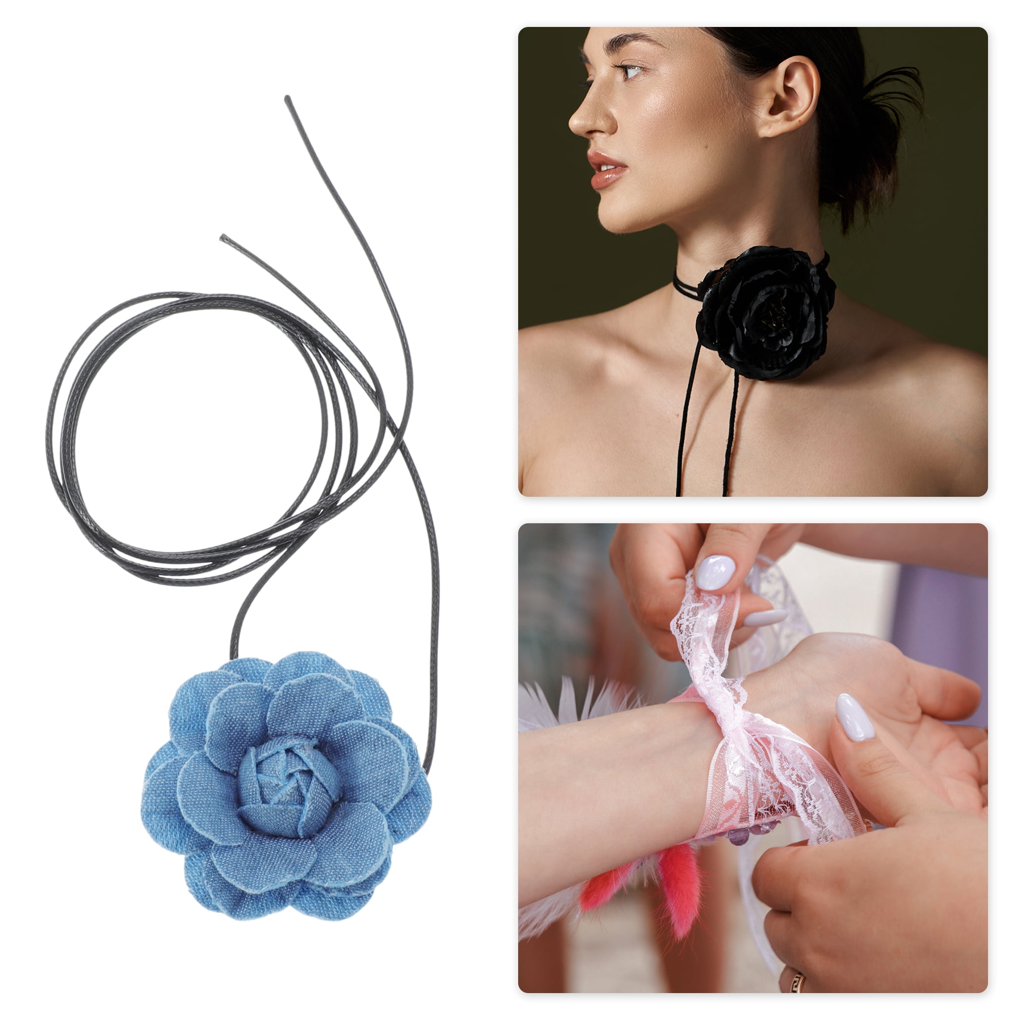 Unique Bargains Denim Flower Tie-Down Choker Necklace Light Blue 110cm