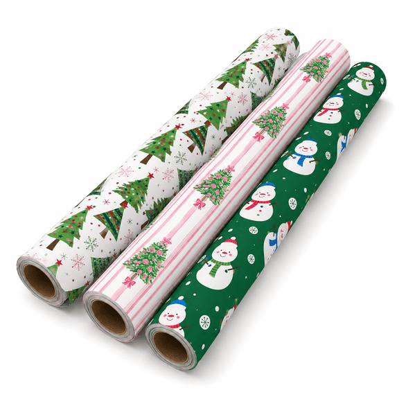 Caneden 3‑Pack Coated Wrapping Paper Rolls, Snowman, Classic Tree & Pink Stripe Christmas Gift Wrap