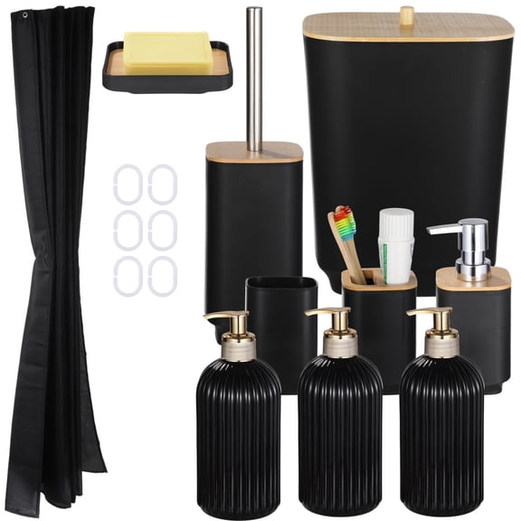 16-Piece Modern Black Bathroom Set, Includes Shower Curtain, Trash Can, Toilet Brush, Soap Dispenser, Lotion Pump, Toothbrush Holder, Complete Bathroom Accessories