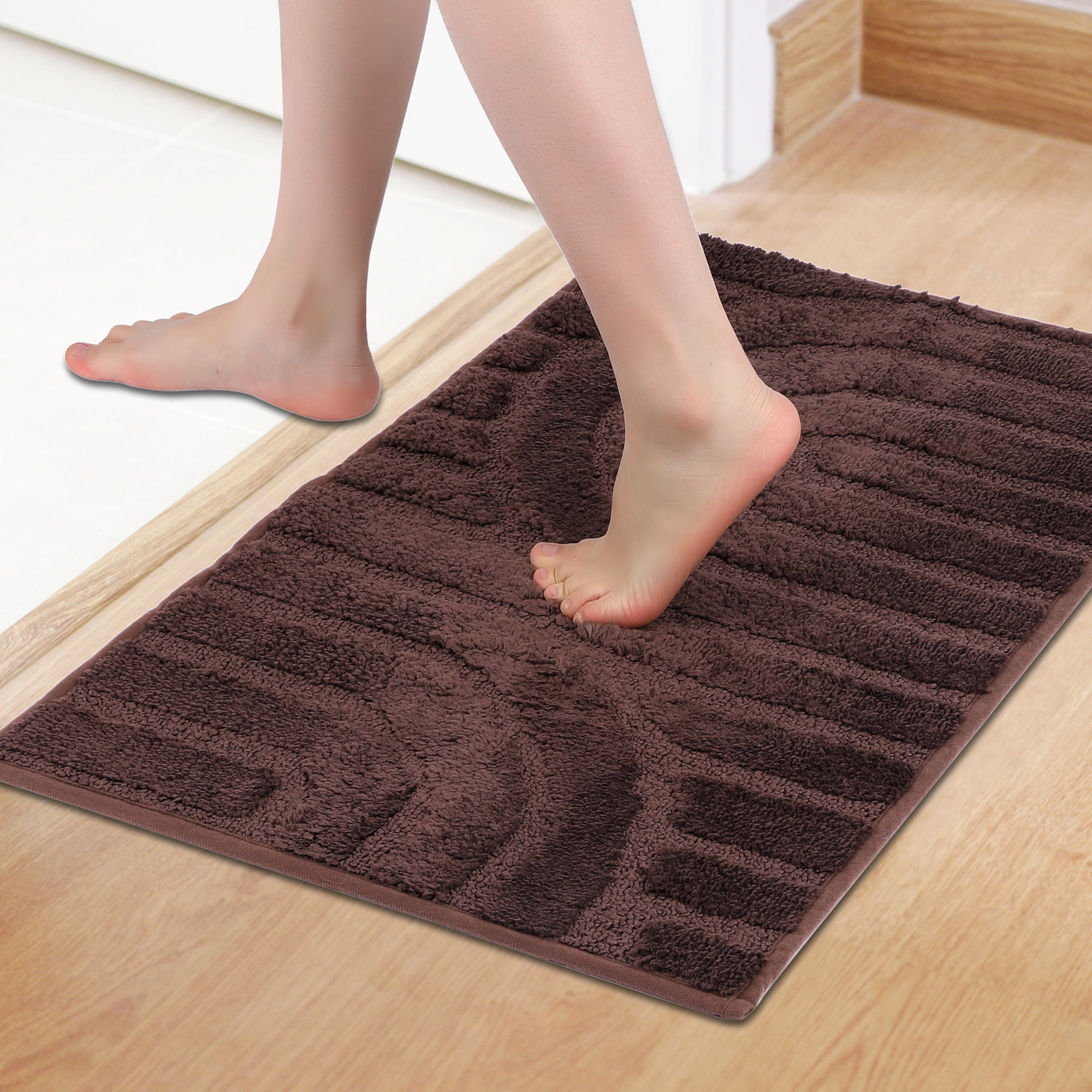Unique Bargains Geometry Pattern Bathroom Rugs Mat Soft Bath Floor Rugs Brown 20" x 32"