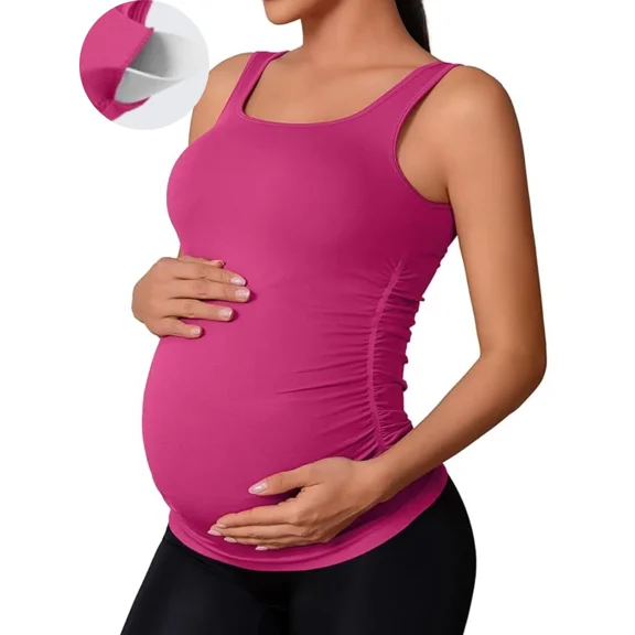 ANFERRY Maternity Tank Top Women Seamless Side Ruching Pregnancy Basic Shirts with Built in Bras