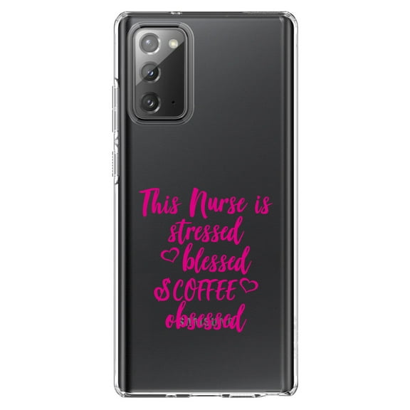 DistinctInk Clear Shockproof Hybrid Case for Galaxy Note 20 ULTRA (6.9" Screen) - TPU Bumper Acrylic Back Tempered Glass Screen Protector - Nurse Is Stressed Blessed & Coffee Obsessed - Pink
