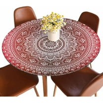 Red Mandala Round Fitted Tablecloth Vintage Decorative Elements Flora Oriental Pattern Elastic Edge Tablecloth Waterproof Oilcloth Table Cover for 40"-44"