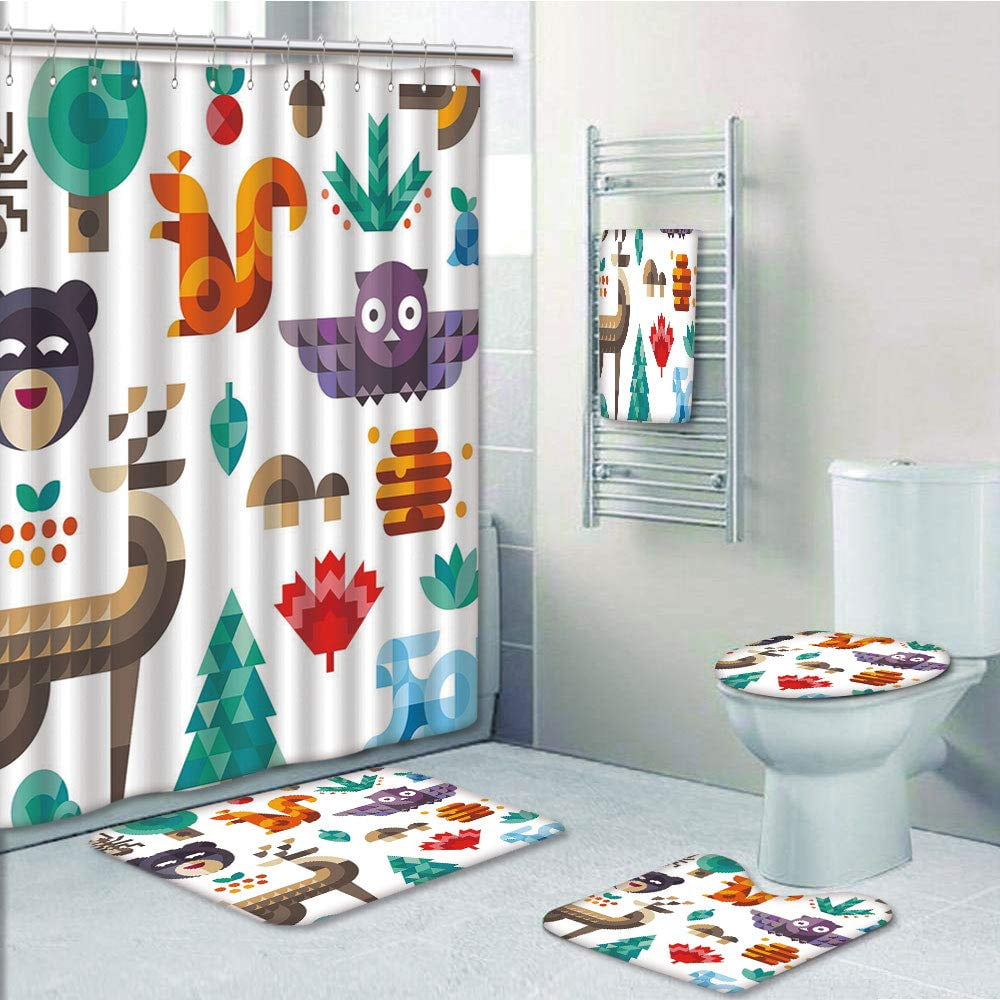 Children Cartoon Owl Shower Curtain Toilet Cover Rug Mat Contour Rug Set 