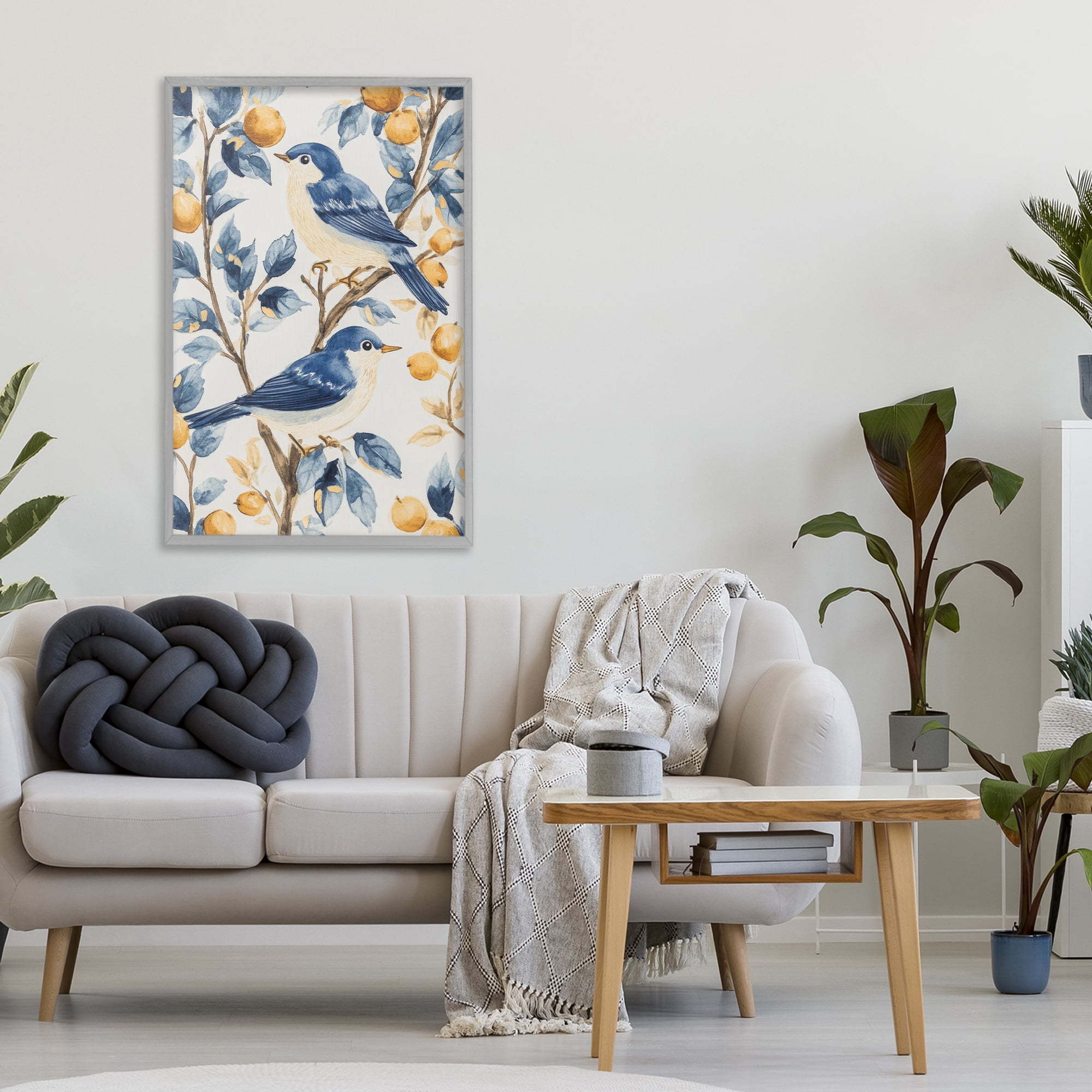 Stupell Industries Sweet Blue Birds on Lemon Branch Gray Framed Giclee Art, design by Petal Prints Design