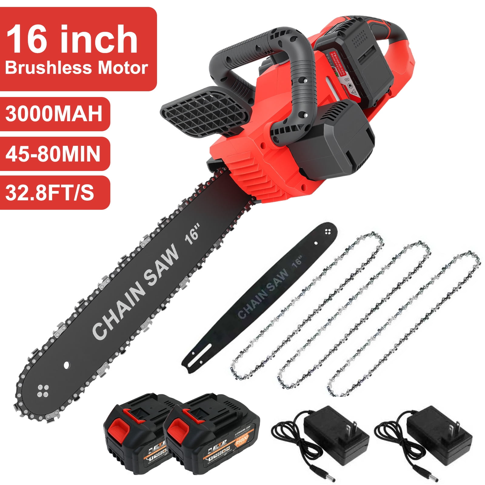 16-inch Cordless Chainsaw with 2x3000mAh Batteries, Electric Chainsaw with 3 Chains & Dual Chargers for Wood Cutting Tree Trimming