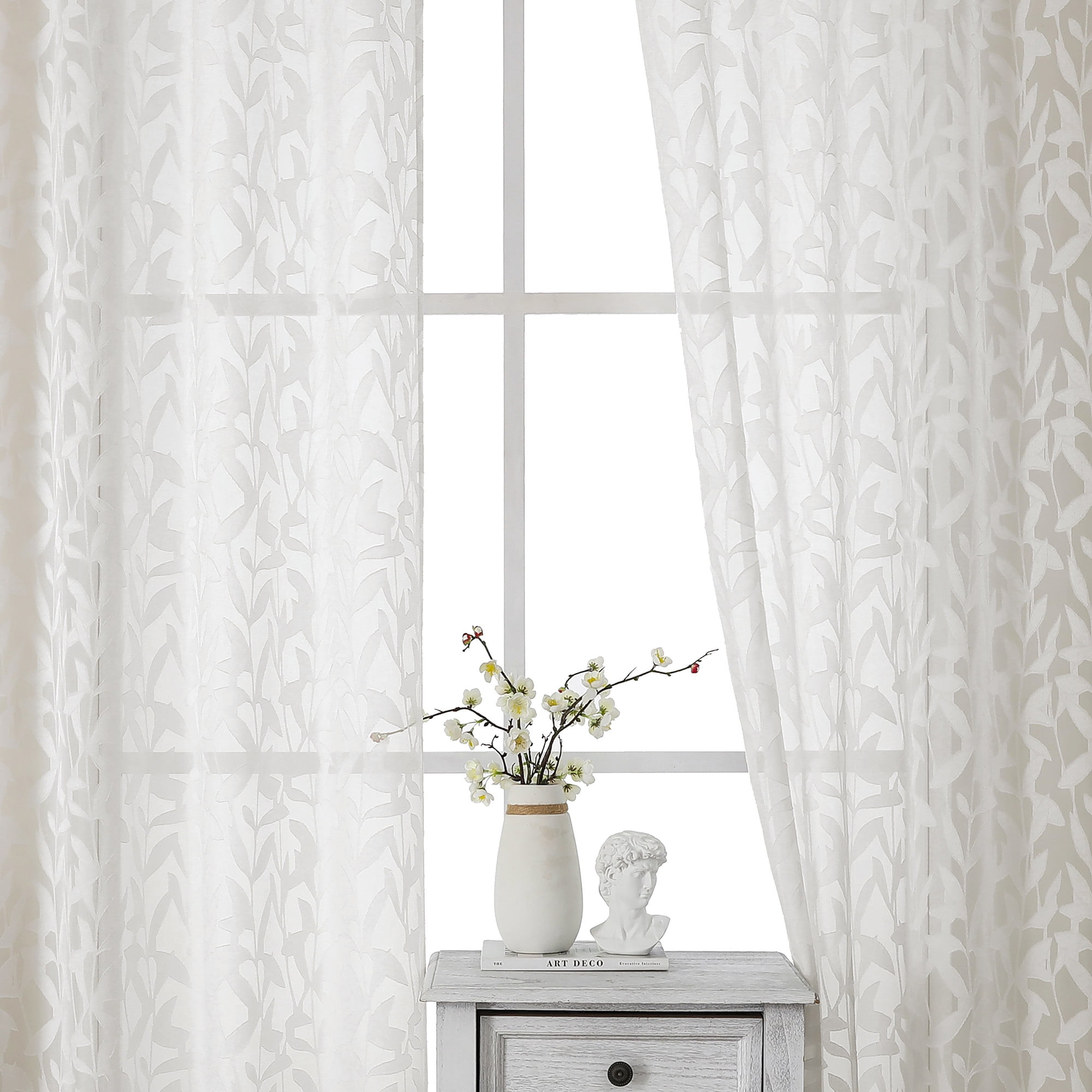 OVZME Leila Extra Long 120 Inch Length Sheer Curtains 2 Panels Ivory, Jacquard Leaf Textured Semi-Sheer Drapes, Farmhouse Style with Rod Pocket for Living Room Bedroom, 52" W x 120" L, Ivory