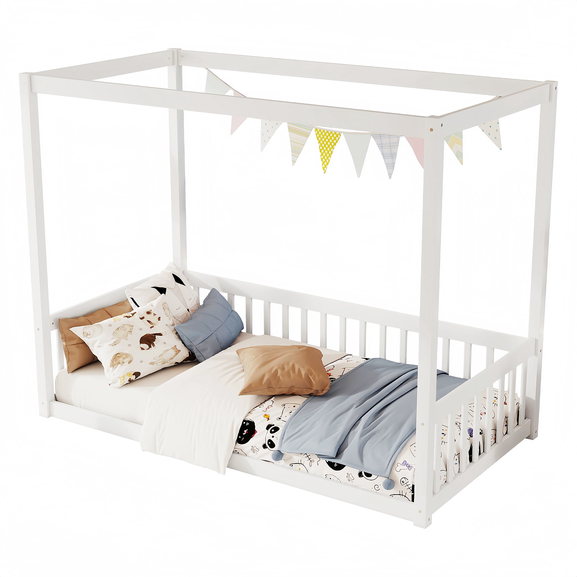 Alvantor Twin Size Floor Bed with Canopy Fence Guardrails for Kids Children Toddler Girls Boys, White