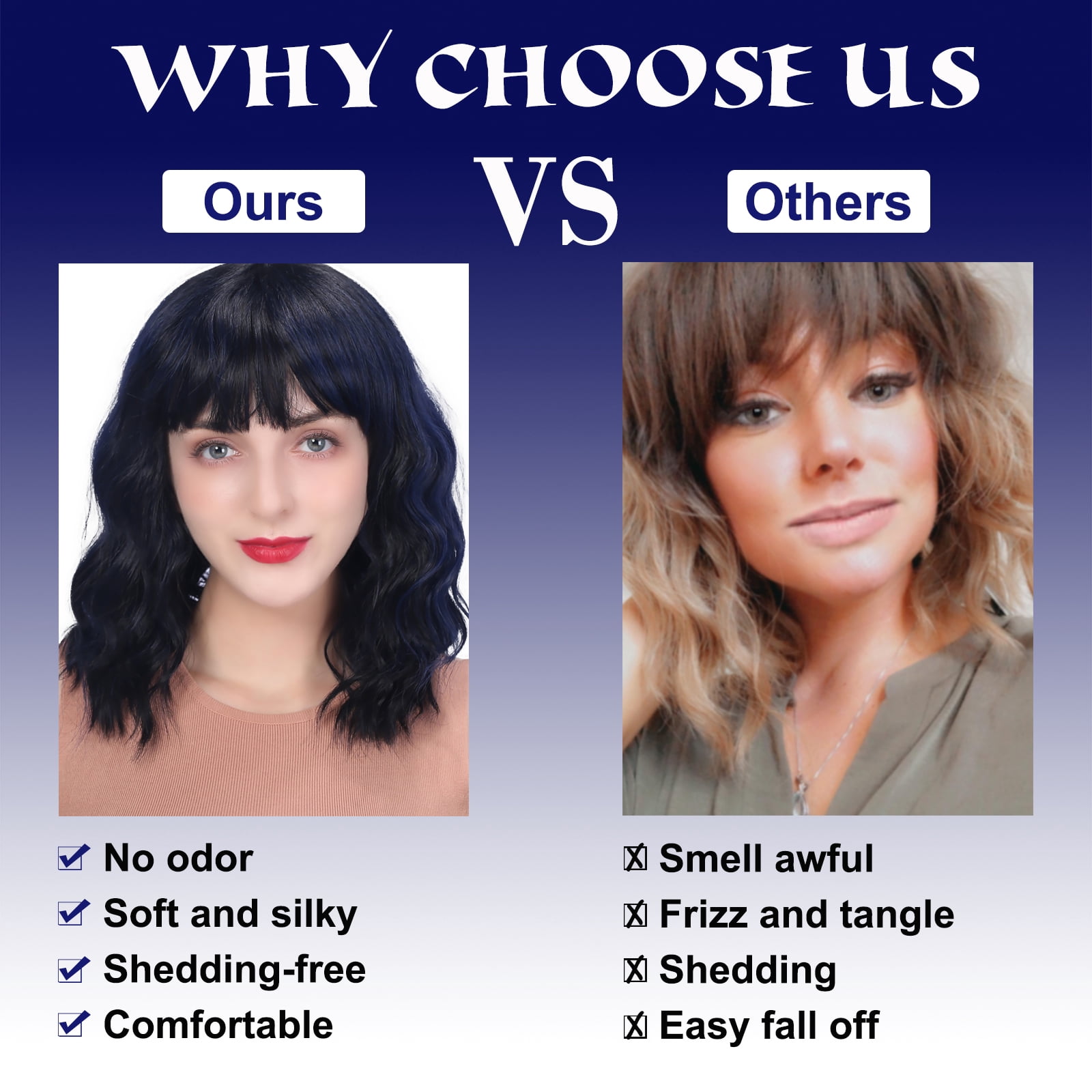 DAPRZIY Curly Bob Wig with Bangs 12 inch Short Wavy Black Mix Blue Wigs for Women Bang Wig Synthetic Wigs with Bangs