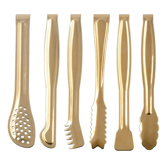 HINMAY Juego de mini pinzas para servir chapadas en oro, pinzas para aperitivos de 6 pulgadas, pinzas pequeñas de acero inoxidable para cubitos de azúcar, pinzas para hielo, juego de 6