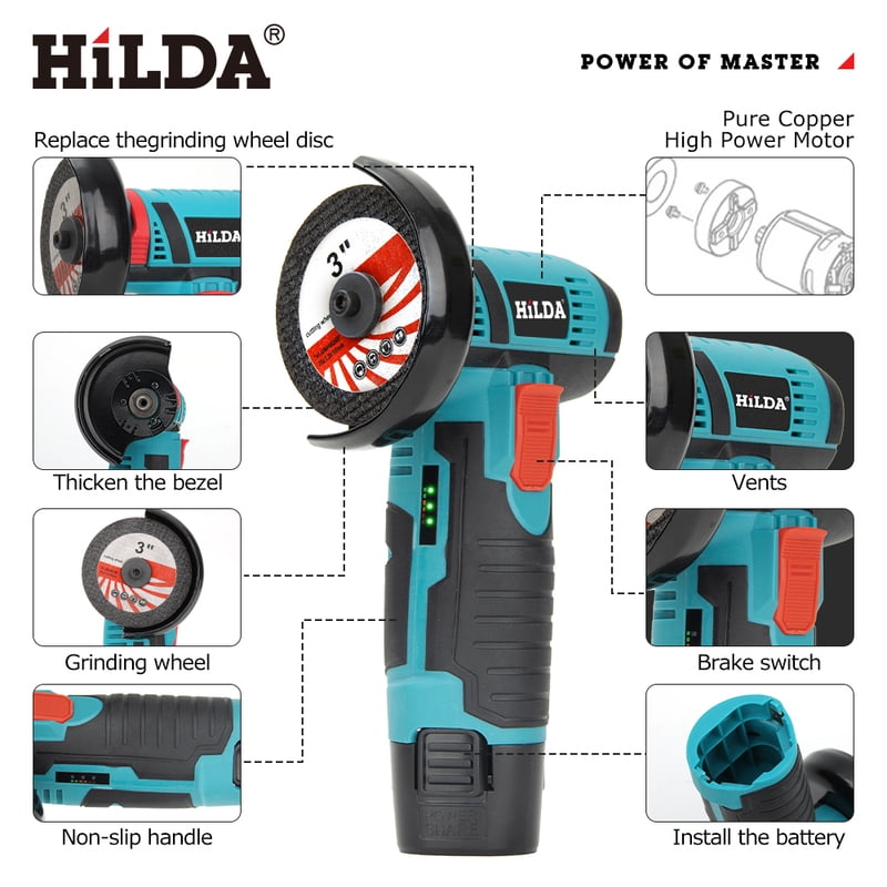 HILDA 3 inch Mini Angle Grinder 12v Cordless Power Tool For Cutting Diamond Polishing And Grinding Rechargeable Angle Grinder