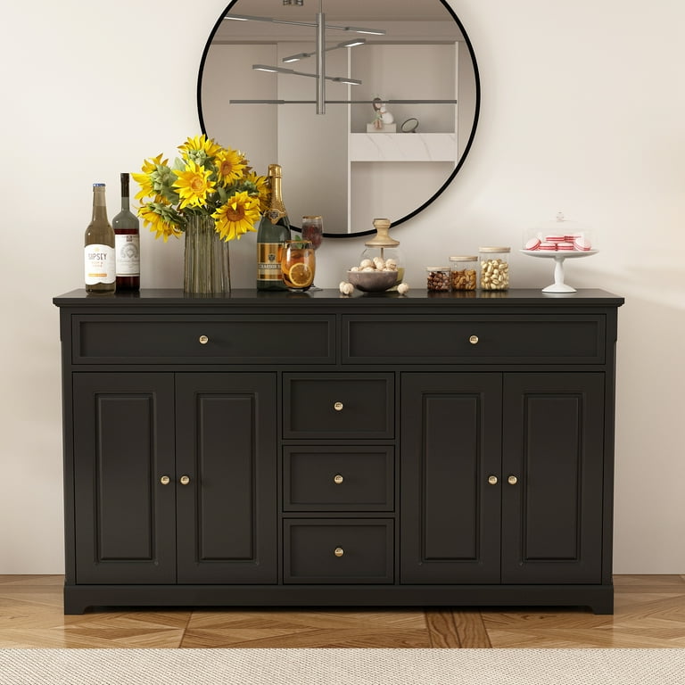 WIAWG 5-Drawer Black Wood Dresser Side Cabinet for Dining & Living Room,  59.1"" Wide Kitchen Chest" - Walmart.com