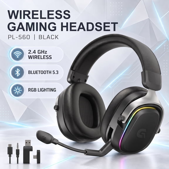 Breynko Wireless Gaming Headset,2.4GHz for PS5/PS4/PC/Switch,3.5mm Wired for Xbox,Bluetooth 5.3 Headphones with Flip-to-Mute Mic,7.1 Surround, RGB Light, Steel Frame,Black