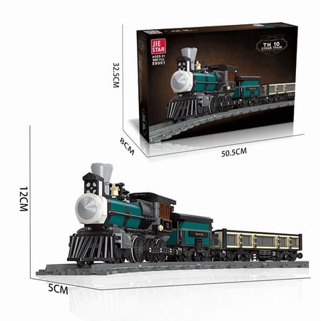 JIE STAR TH10 Steam Train Building Blocks Set, 50.5CM Vintage Green Train Model with Passenger Car, Creative Gifts for Kids Adults Boys Girls, Classic Railroad Toy