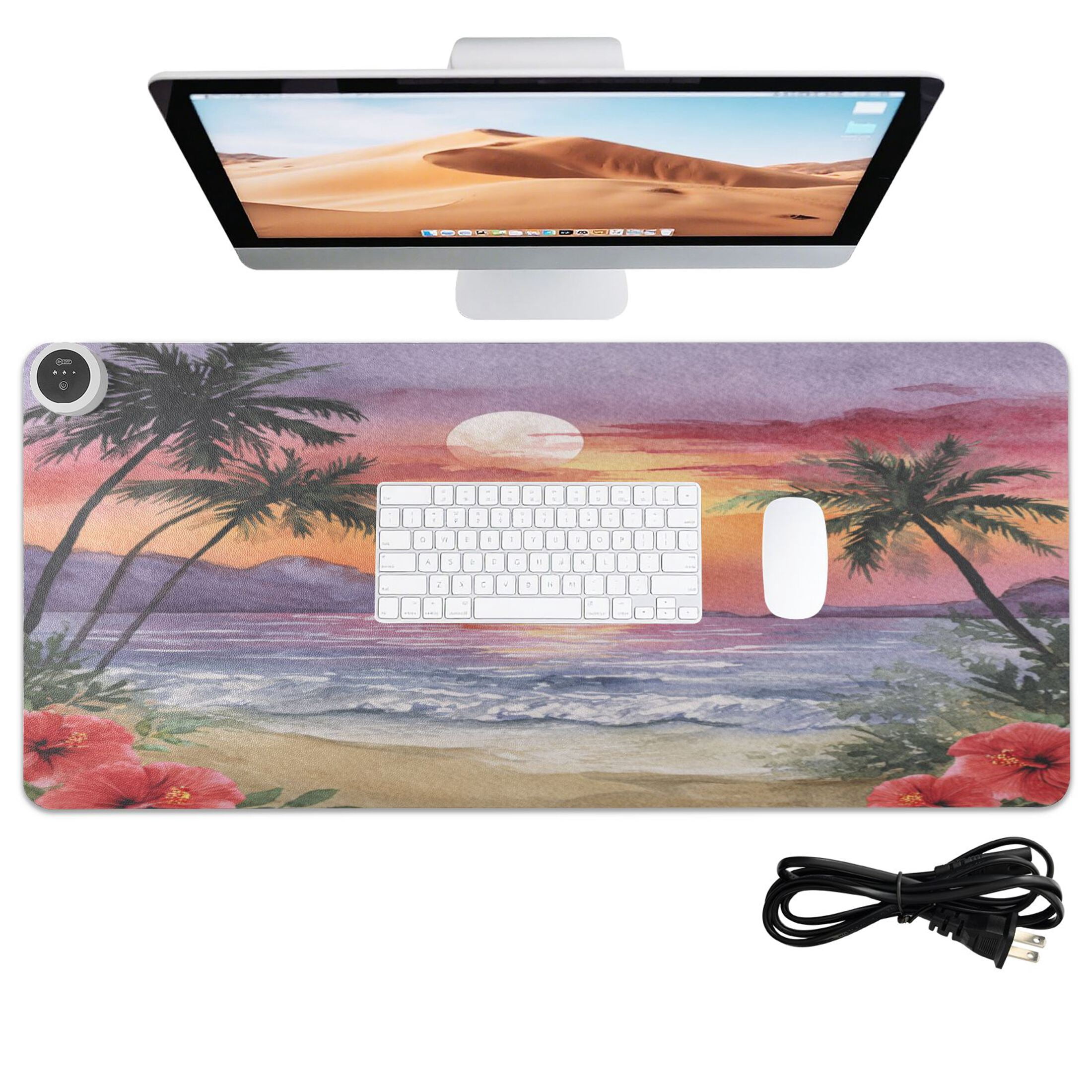 Large Heated Desk Mat Mouse Pad 31.5"x13"PU Leather Graphene Heating Desk Warmer with 3 Temperature Settings 110V US Plug Non-Slip Warm Pad for Home, Office, and Gaming Tropical Sunset Beach Print