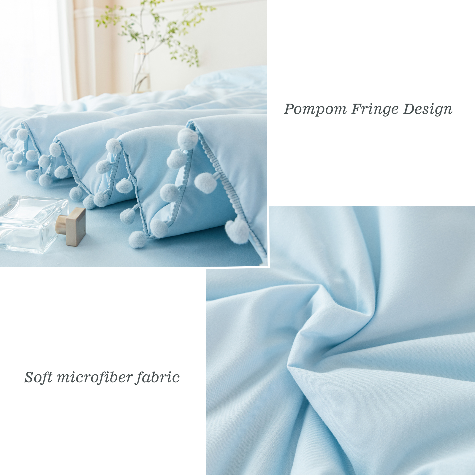 RYNGHIPY Pom Fringe Bed Comforter Set Queen Size for Girls 3Pcs Baby Blue Comforter Set Solid Fluffy Bedding Set for All Season Soft Bed Set with Comforter(Light Blue,Queen)