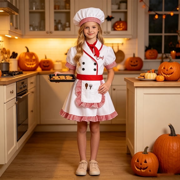 GiLiling Toddler Fresh Chef Culinary Charactertume for Girls Role Play Set Short Sleeve Dress with Hat and Apron Bow Tie Pretend Outfit (White, 9-10 years)